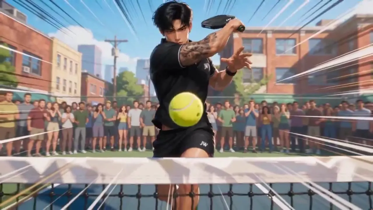 Frame from Pickleball rivalry on an urban court