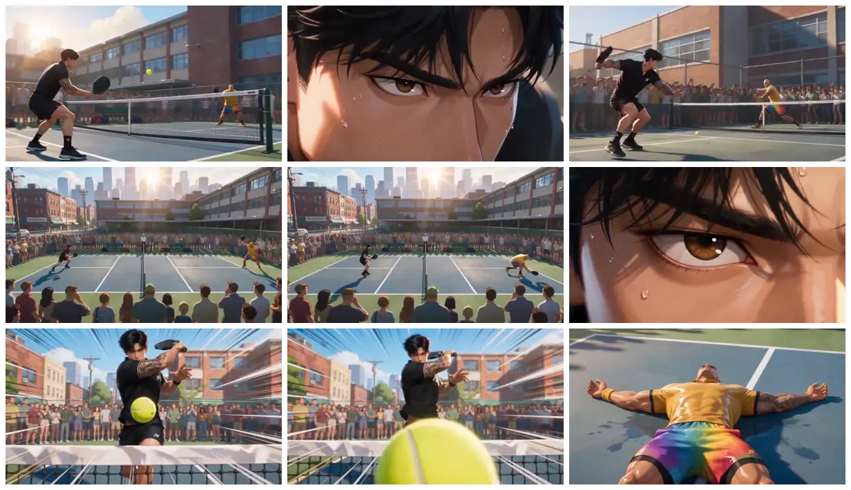 Nine frames from across Pickleball rivalry on an urban court