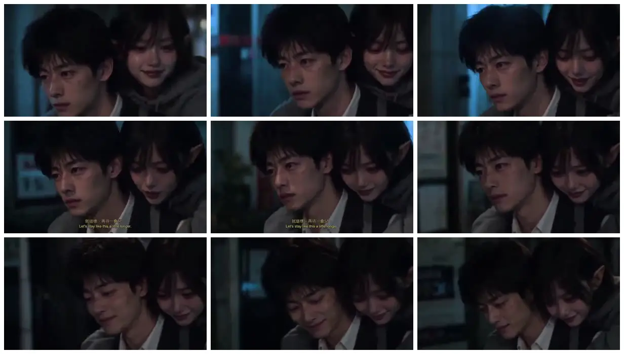 Nine frames from across Piggyback embrace on a night street