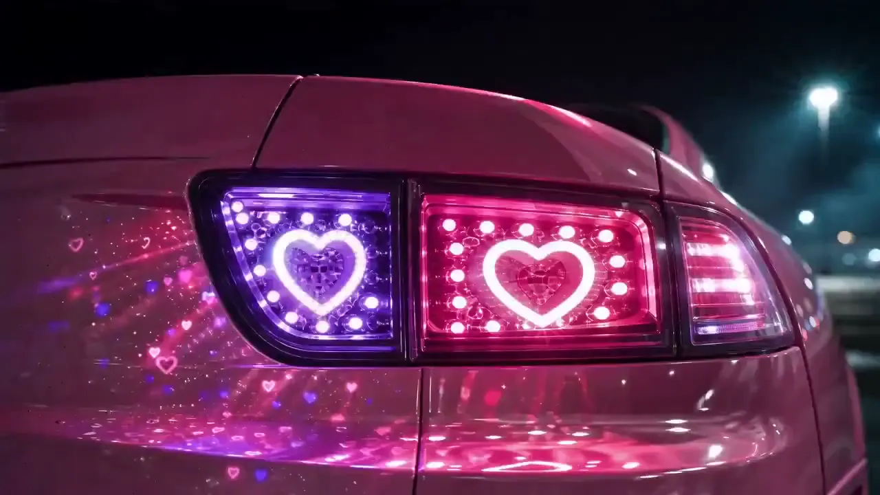 Frame from Pink car with glowing heart taillights