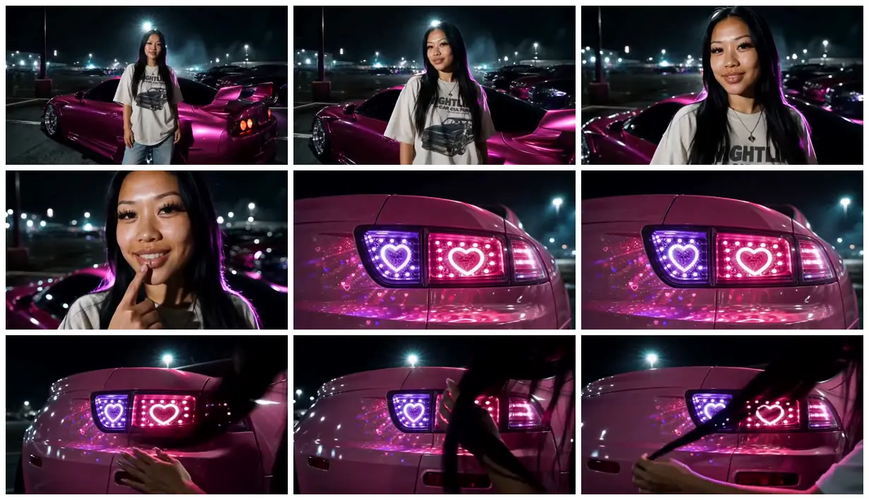 Nine frames from across Pink car with glowing heart taillights