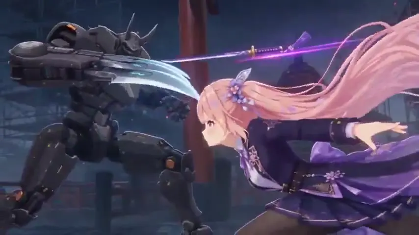 Frame from Pink-haired swordswoman at a neon shrine