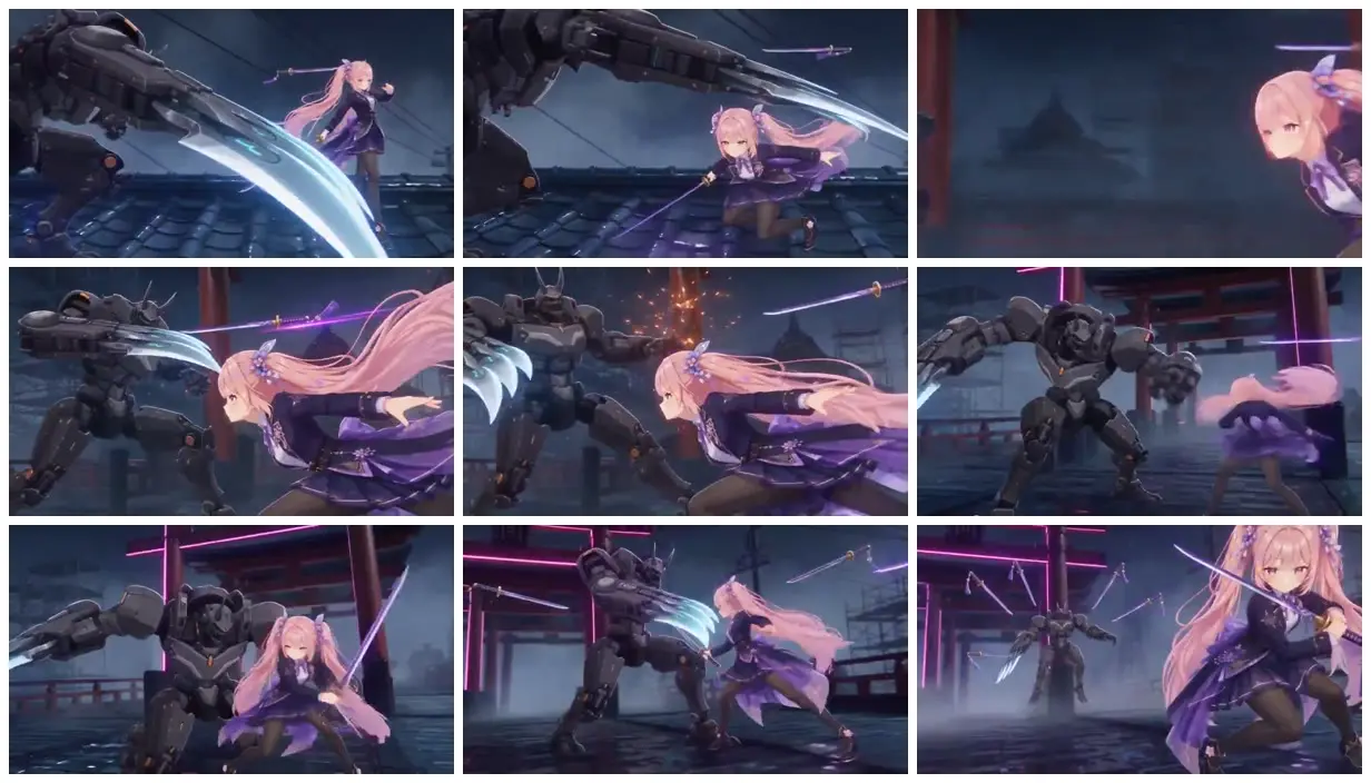 Nine frames from across Pink-haired swordswoman at a neon shrine