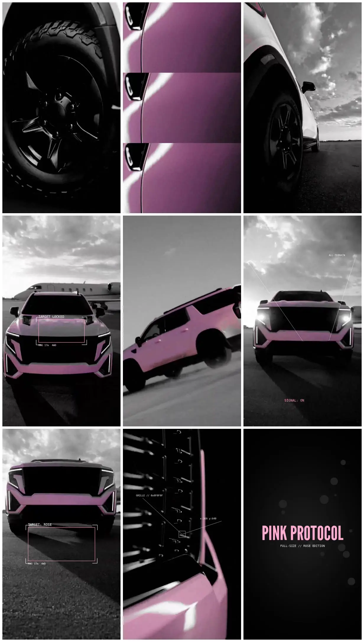 Nine frames from across Pink SUV with targeting graphics