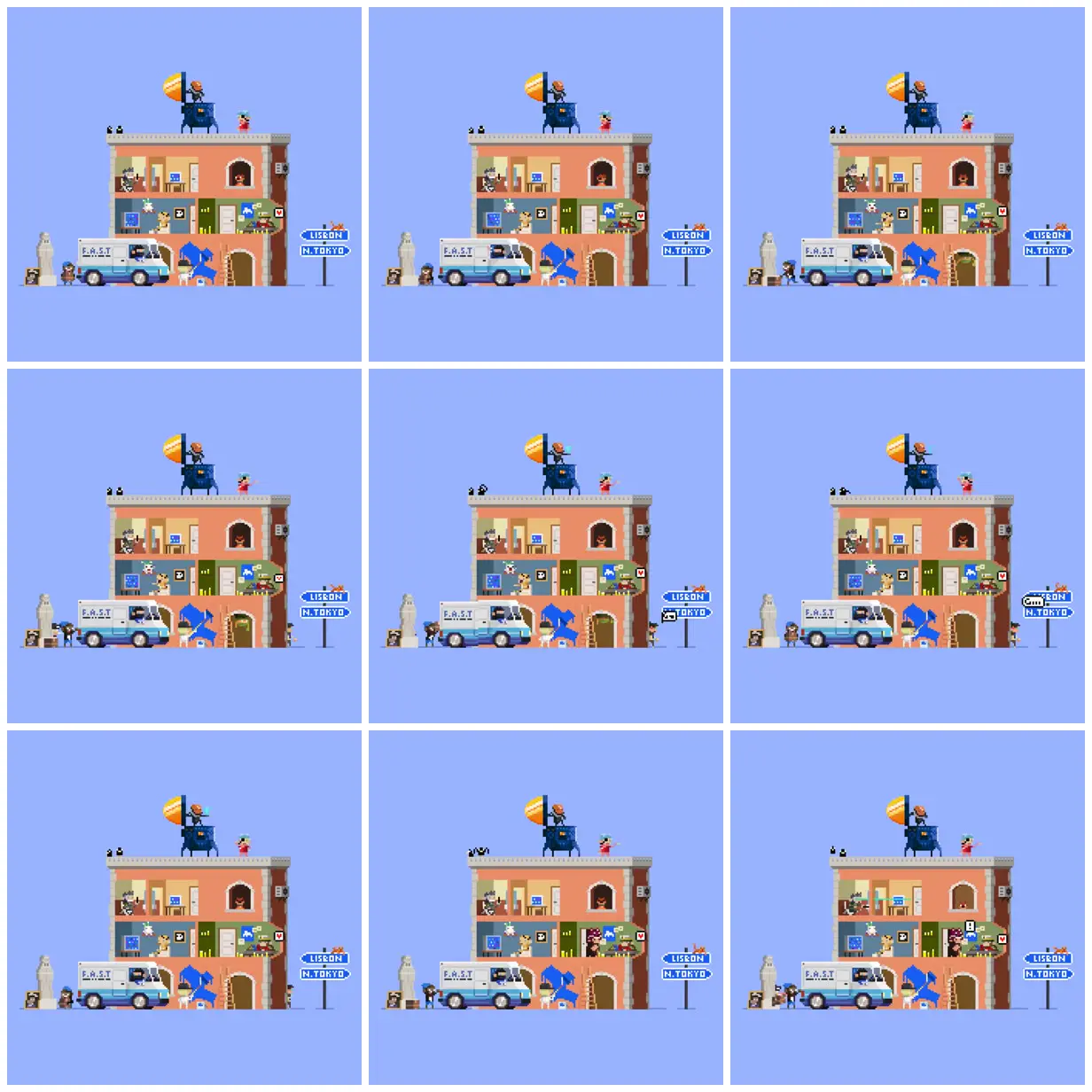 Nine frames from across Pixel-art apartment street