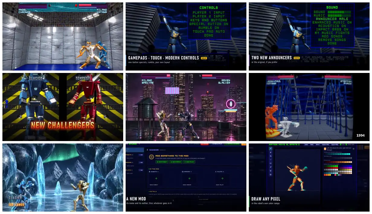 Nine frames from across Pixel robots in futuristic arenas