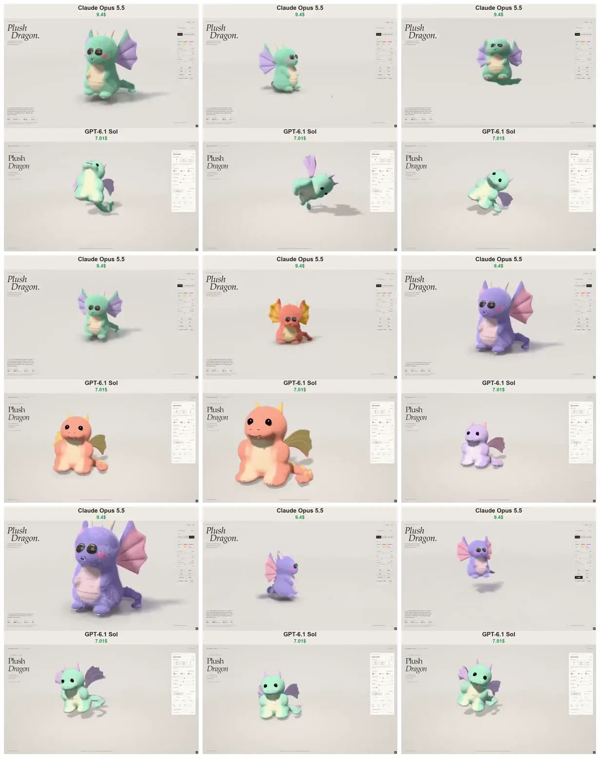Nine frames from across Plush dragons in pastel palettes