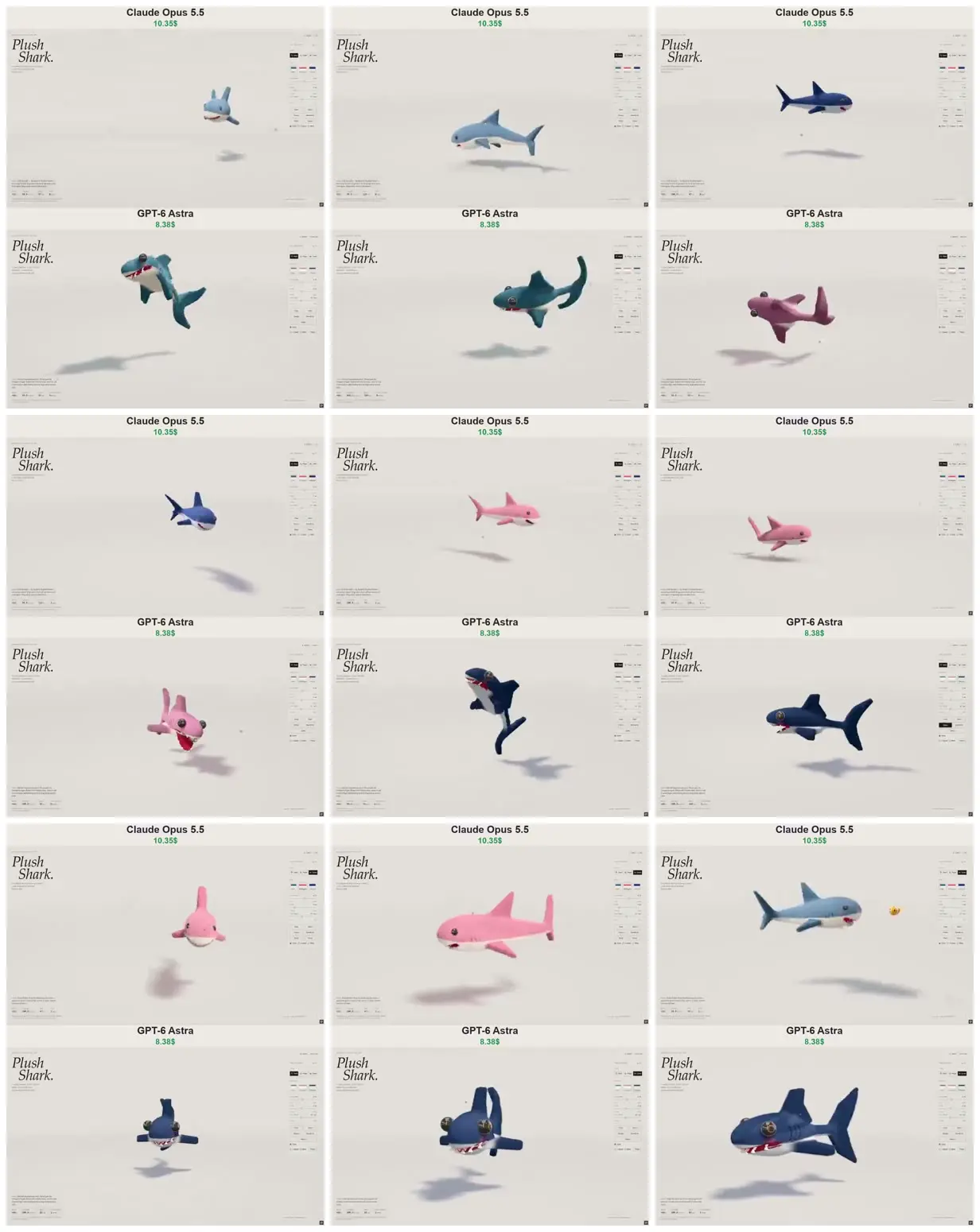 Nine frames from across Plush sharks in a minimalist showroom