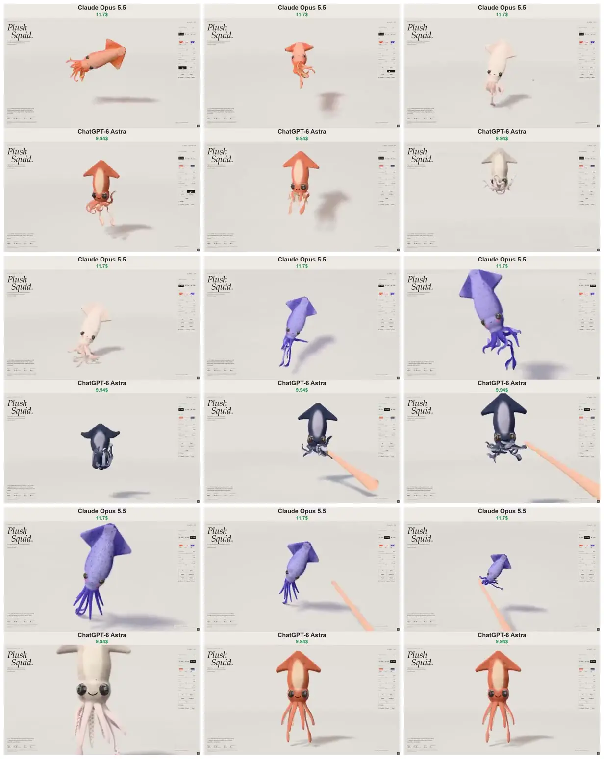 Nine frames from across Plush squid material study