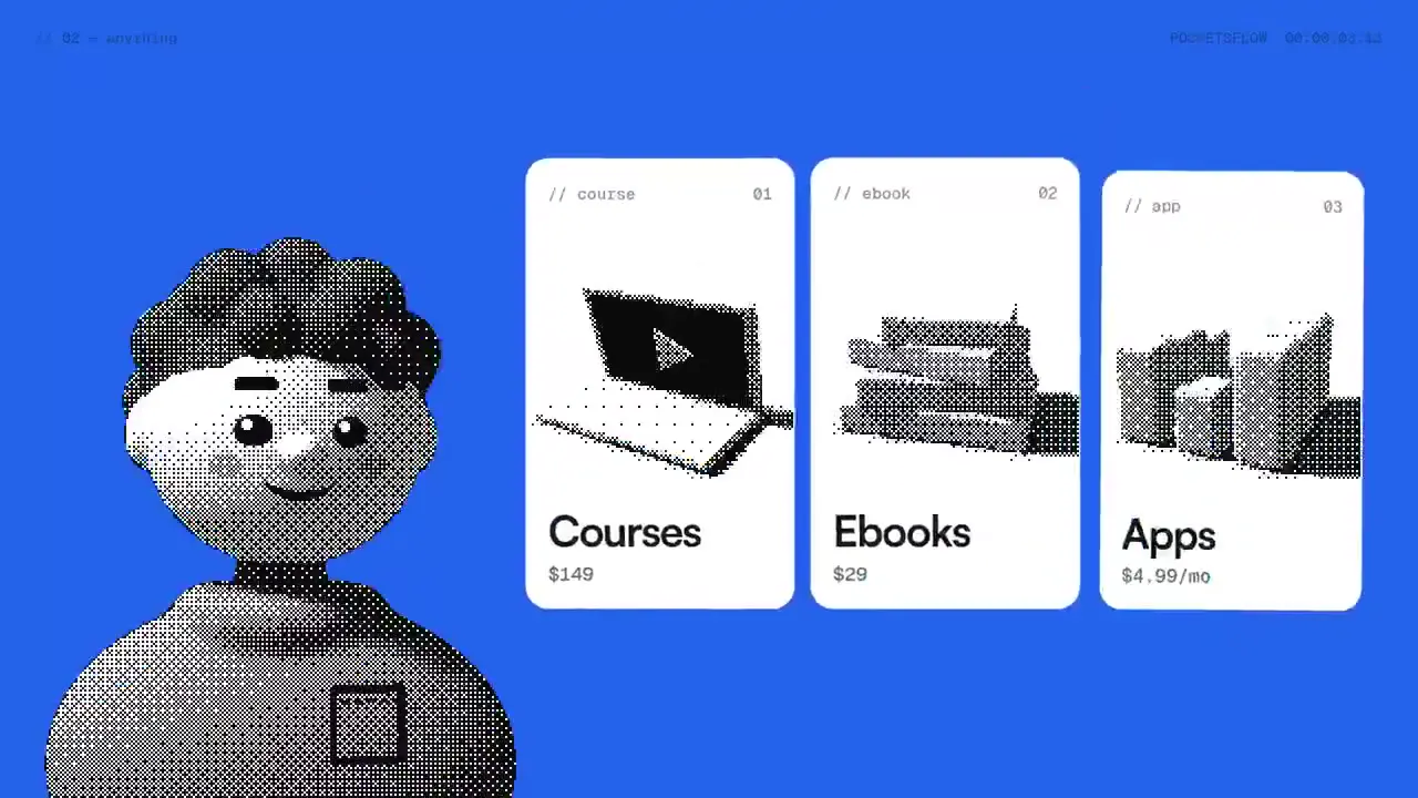Frame from Pocketsflow checkout and halftone mascot