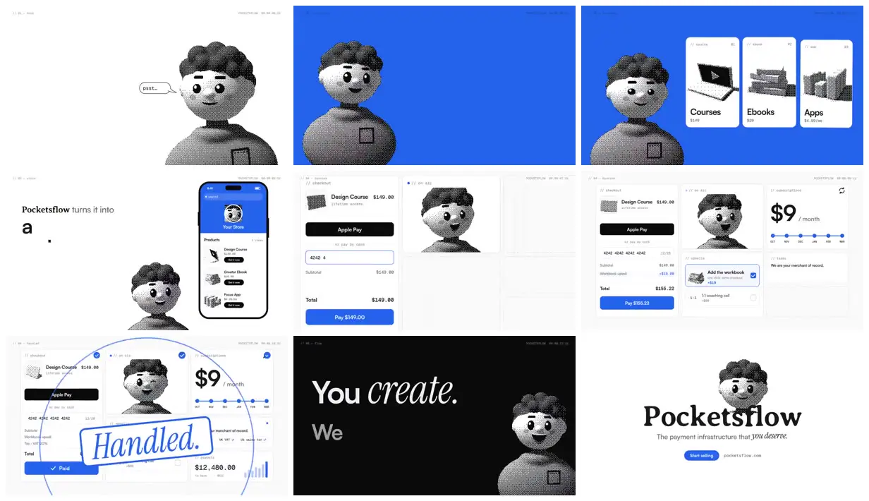 Nine frames from across Pocketsflow checkout and halftone mascot