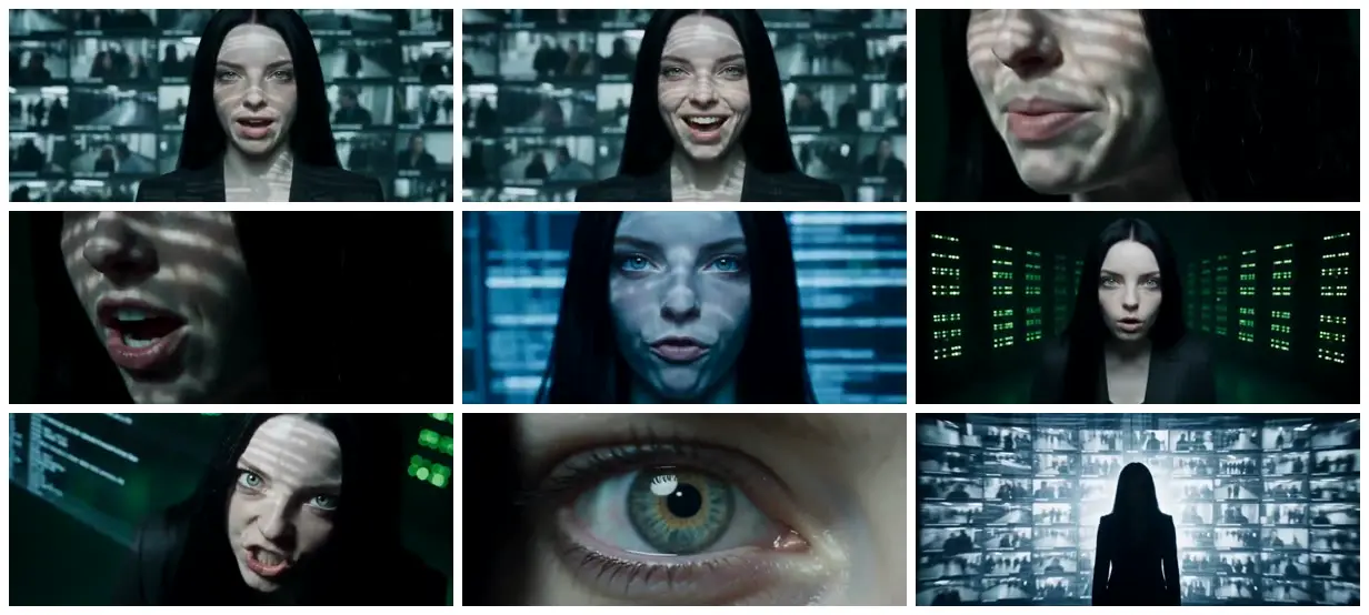 Nine frames from across Portrait against surveillance screens