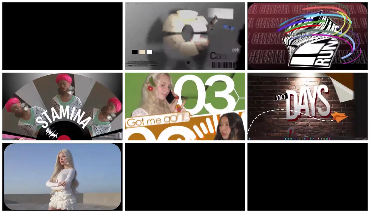 Nine frames from across Portrait collages and oversized type