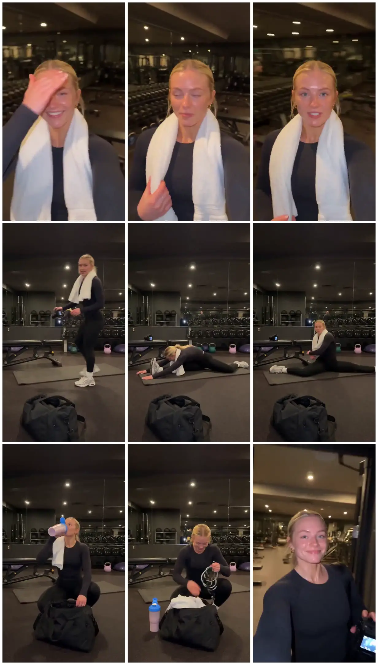 Nine frames from across Post-workout routine in a dark gym