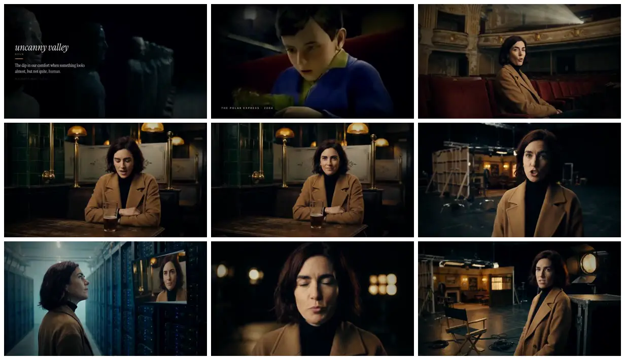 Nine frames from across Present company in amber and teal