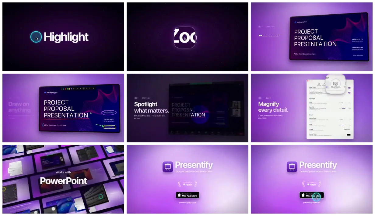 Nine frames from across Presentify annotation tools in purple