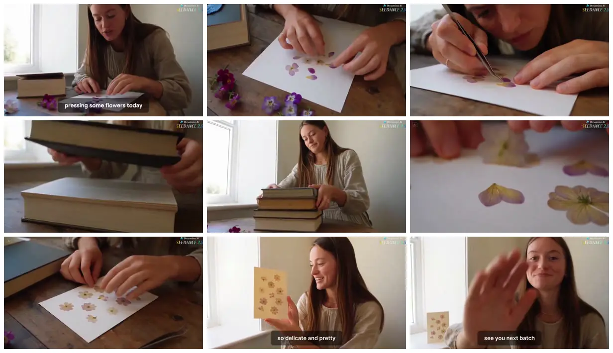 Nine frames from across Pressed flowers on a paper card