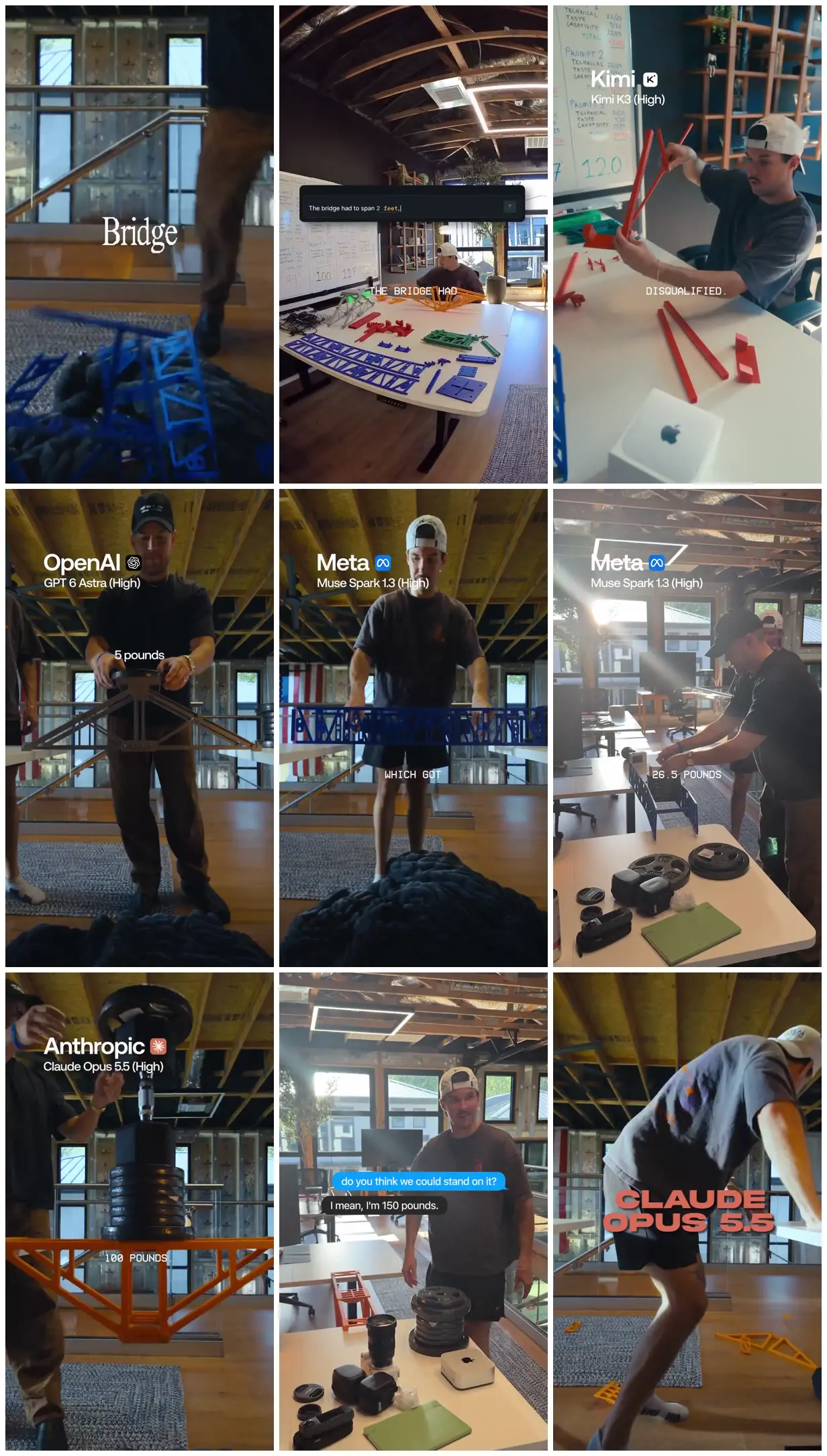 Nine frames from across Printed bridges under weight