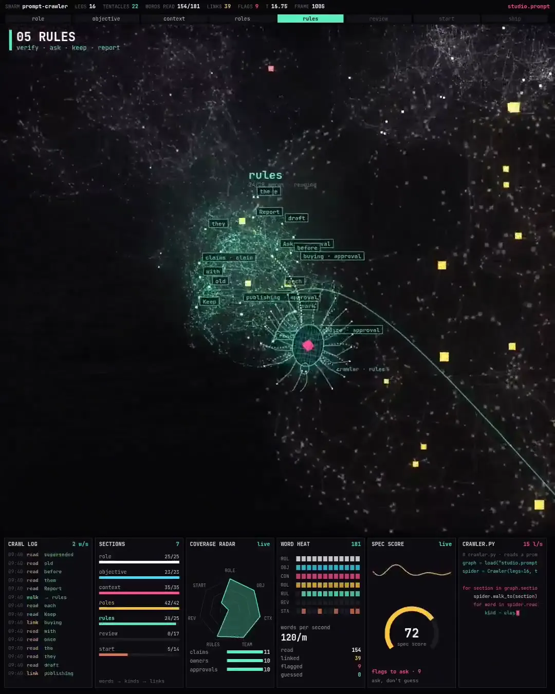 Frame from Prompt structure as a glowing network