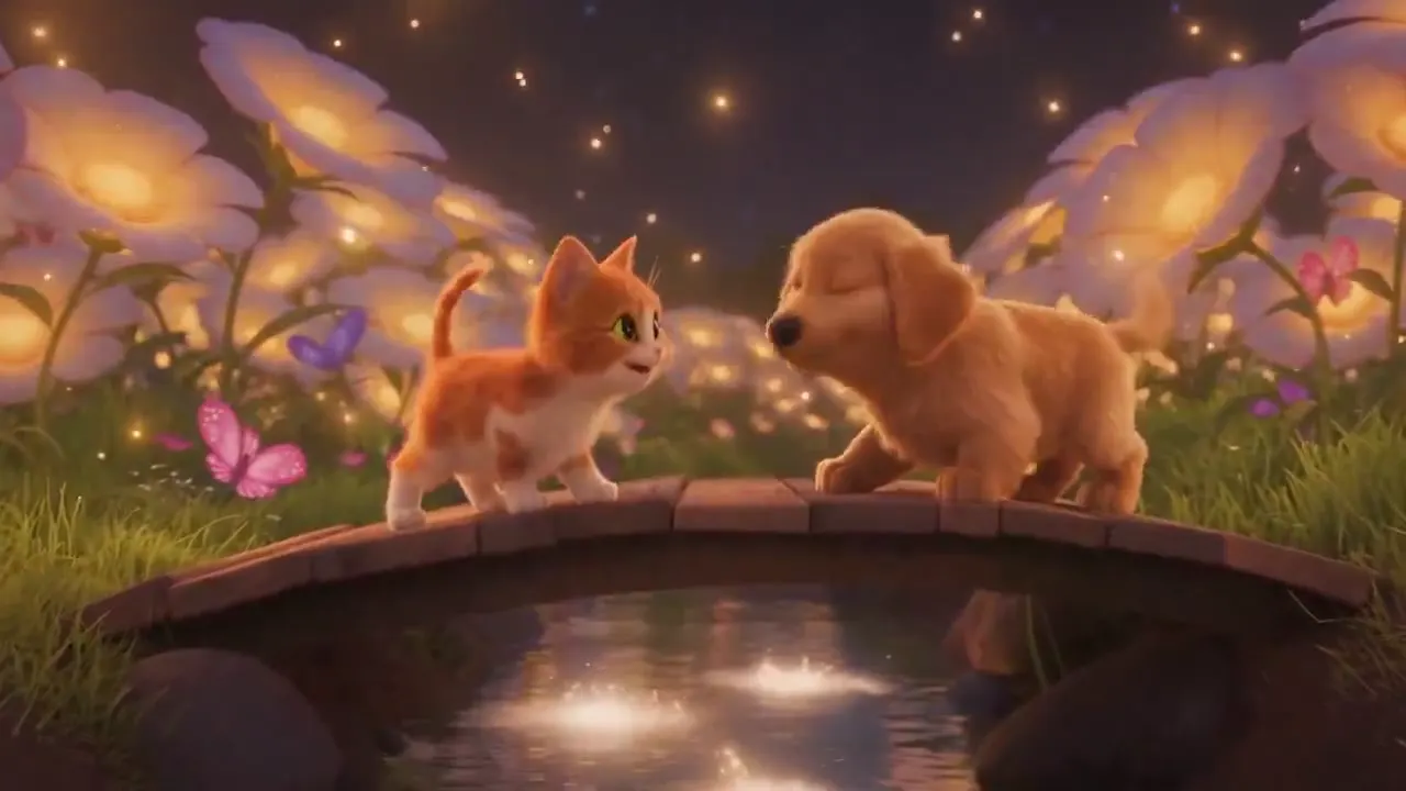 Frame from Puppy and kitten in a glowing garden