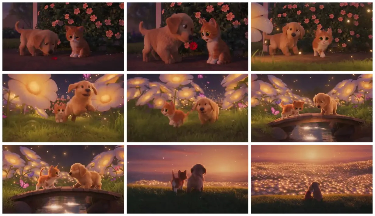 Nine frames from across Puppy and kitten in a glowing garden
