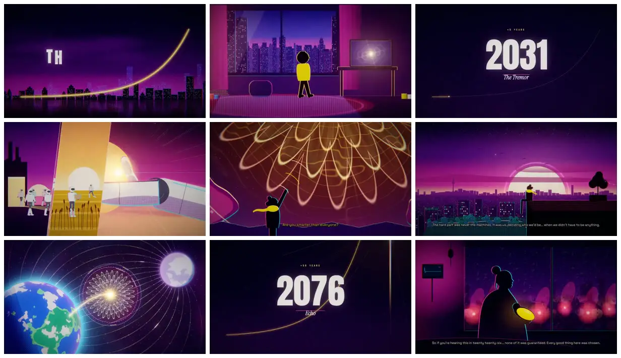 Nine frames from across Purple cityscapes of the next 50 years