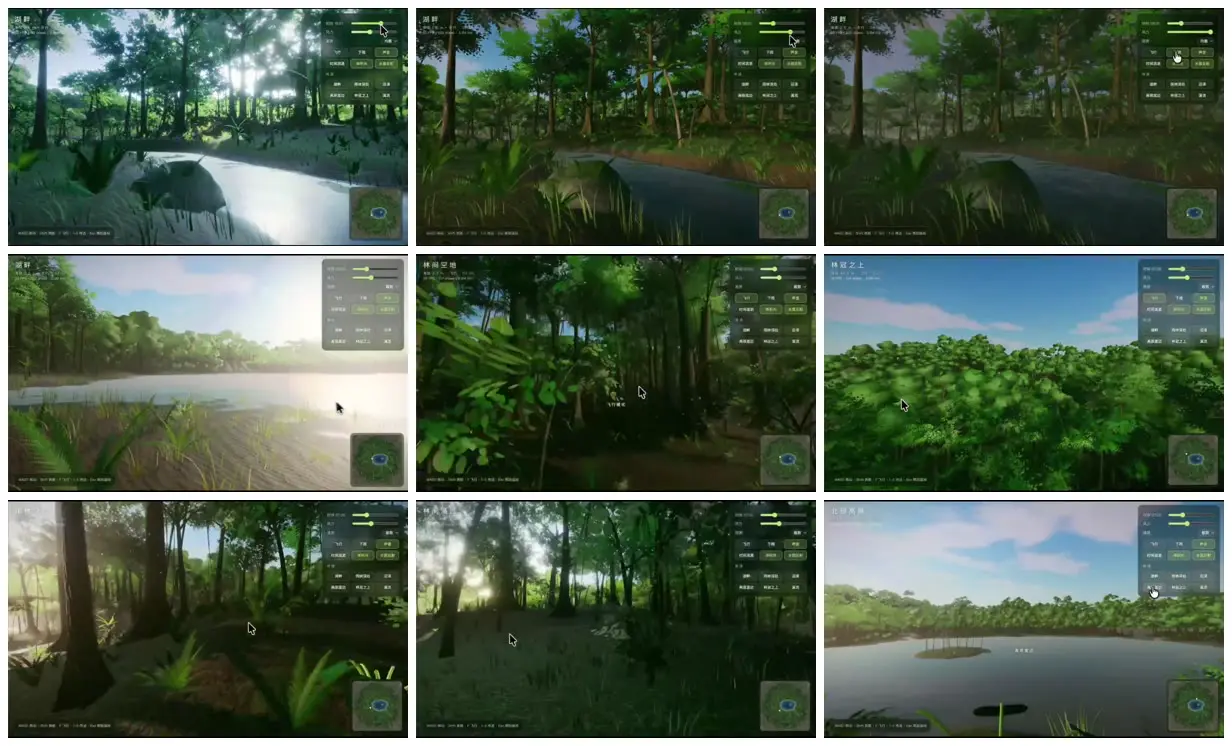Nine frames from across Rainforest lake and layered canopy
