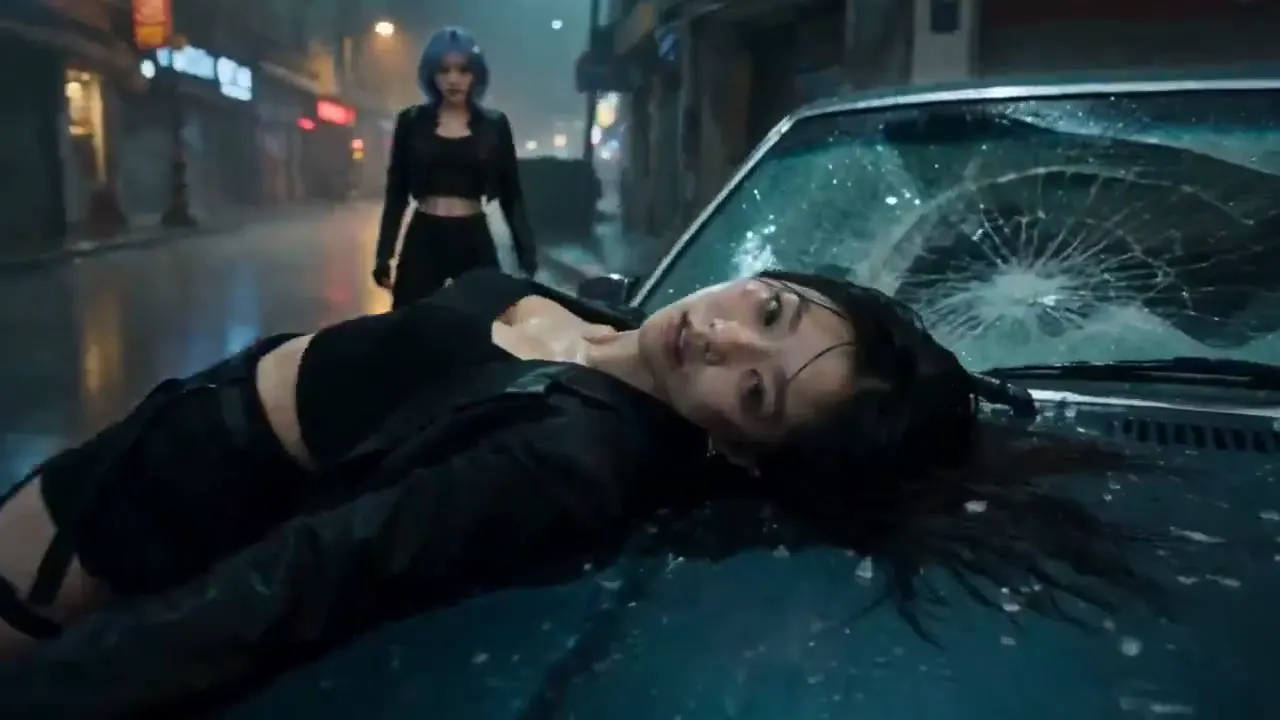 Frame from Rainy street fight at a parked car