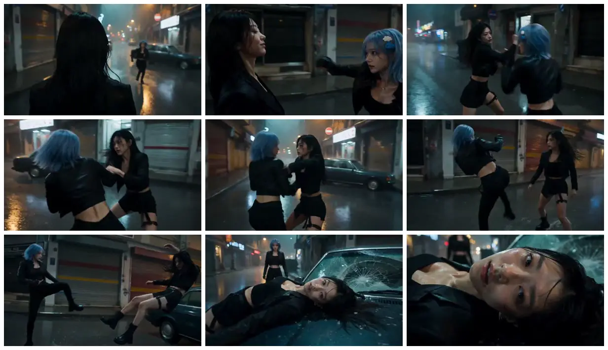 Nine frames from across Rainy street fight at a parked car