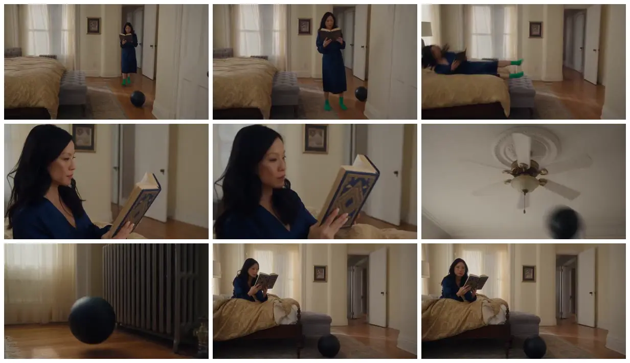 Nine frames from across Reader and a runaway medicine ball