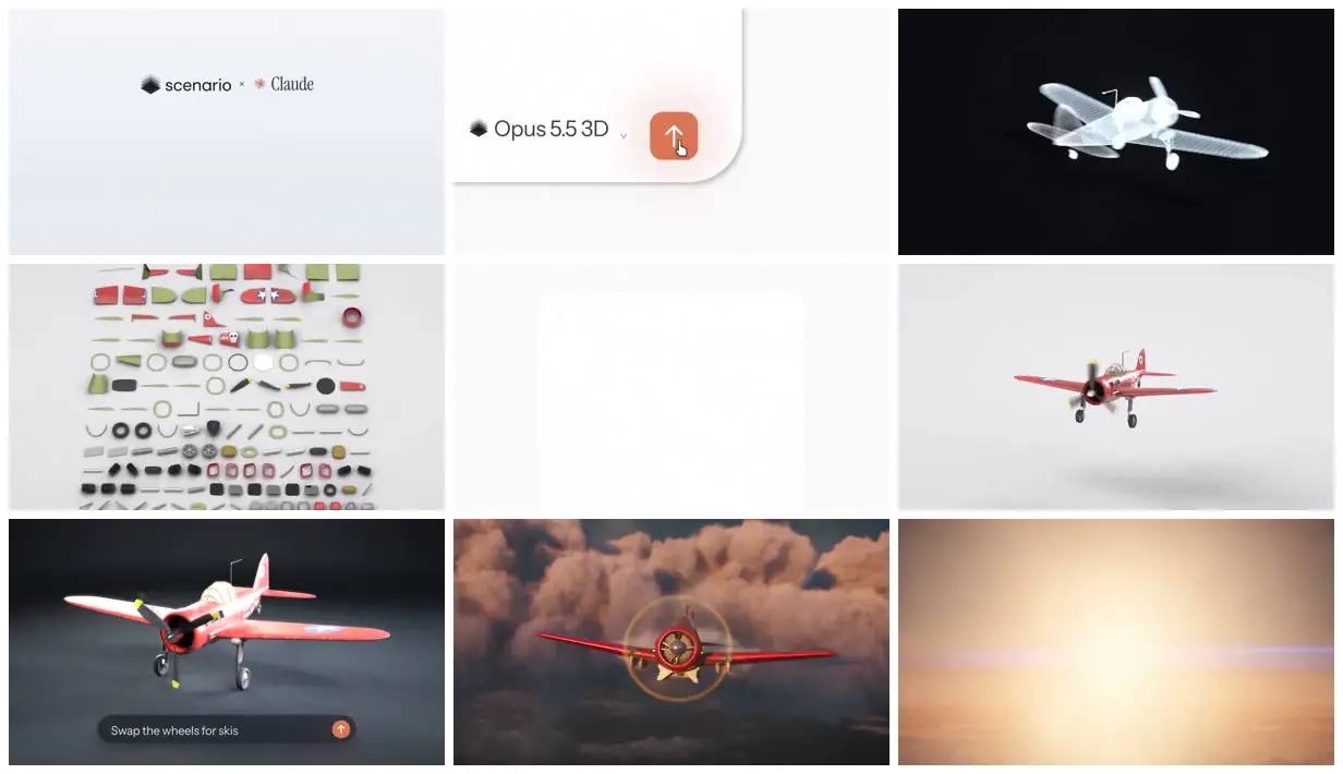 Nine frames from across Red aircraft from parts to clouds