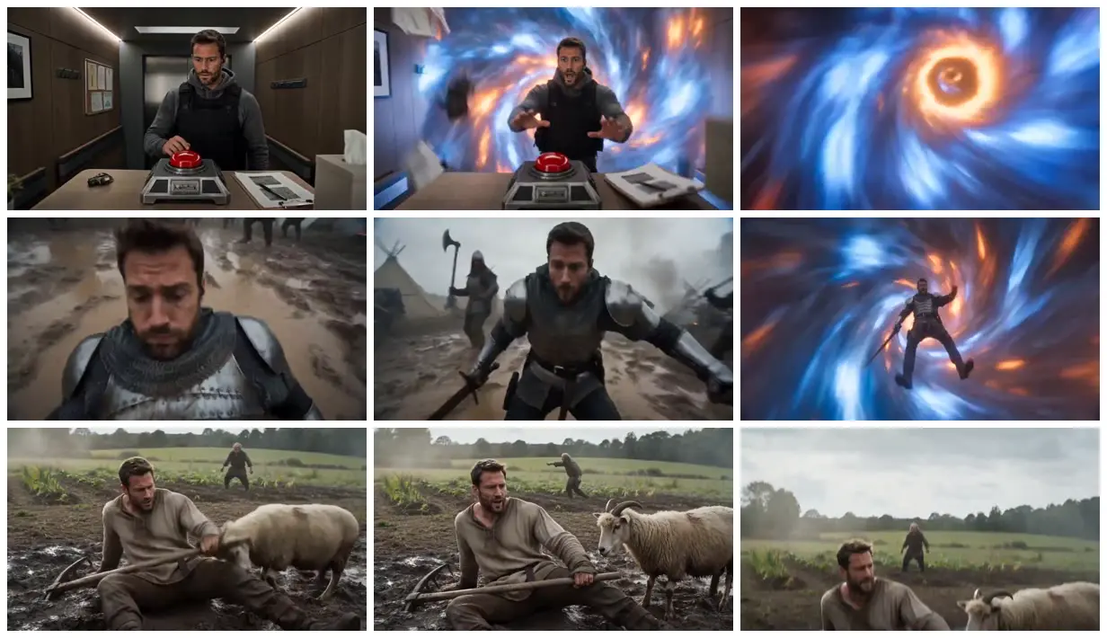 Nine frames from across Red button, portals and a muddy farm