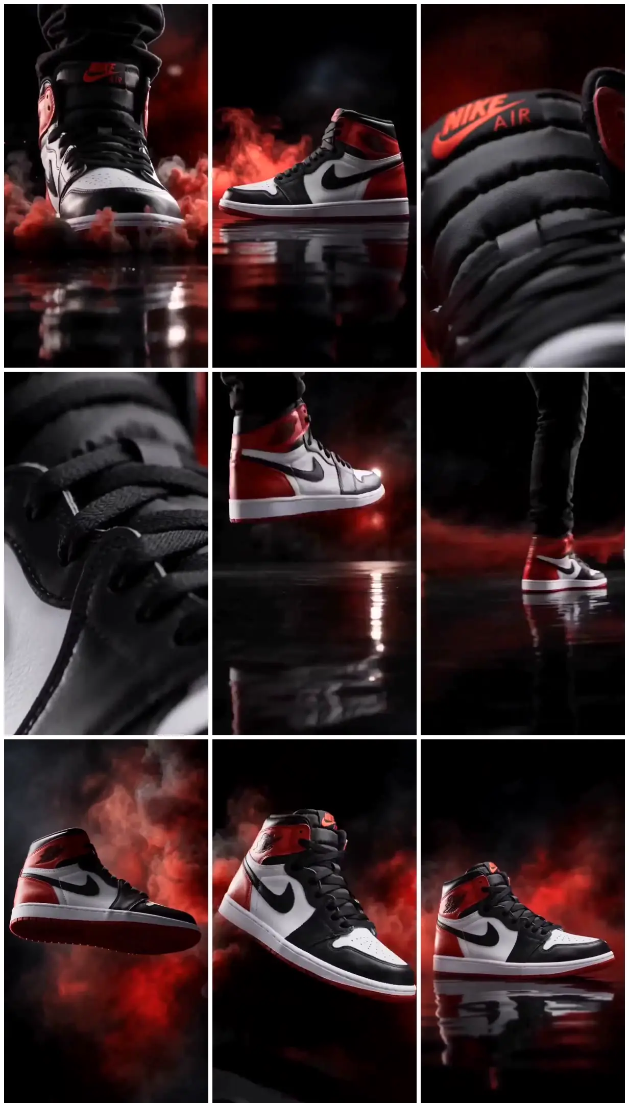 Nine frames from across Red high-top sneaker in crimson smoke