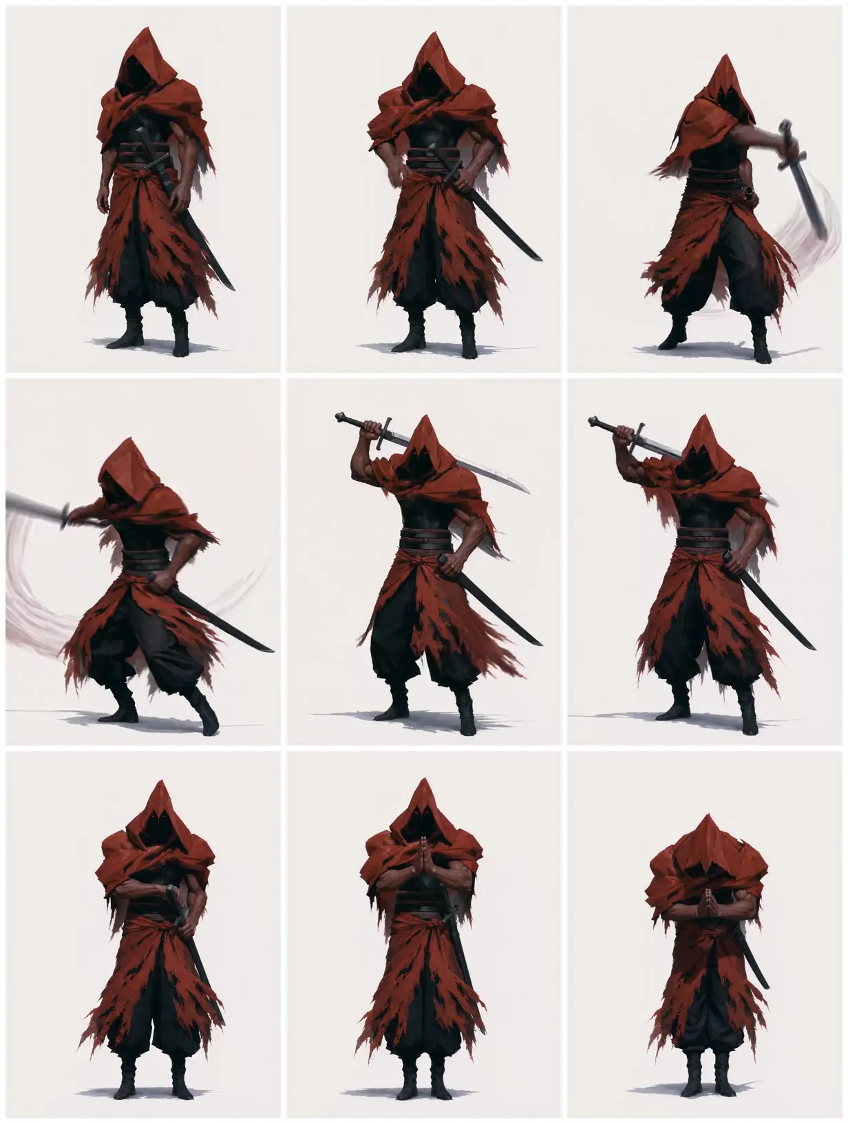 Nine frames from across Red-hooded swordsman