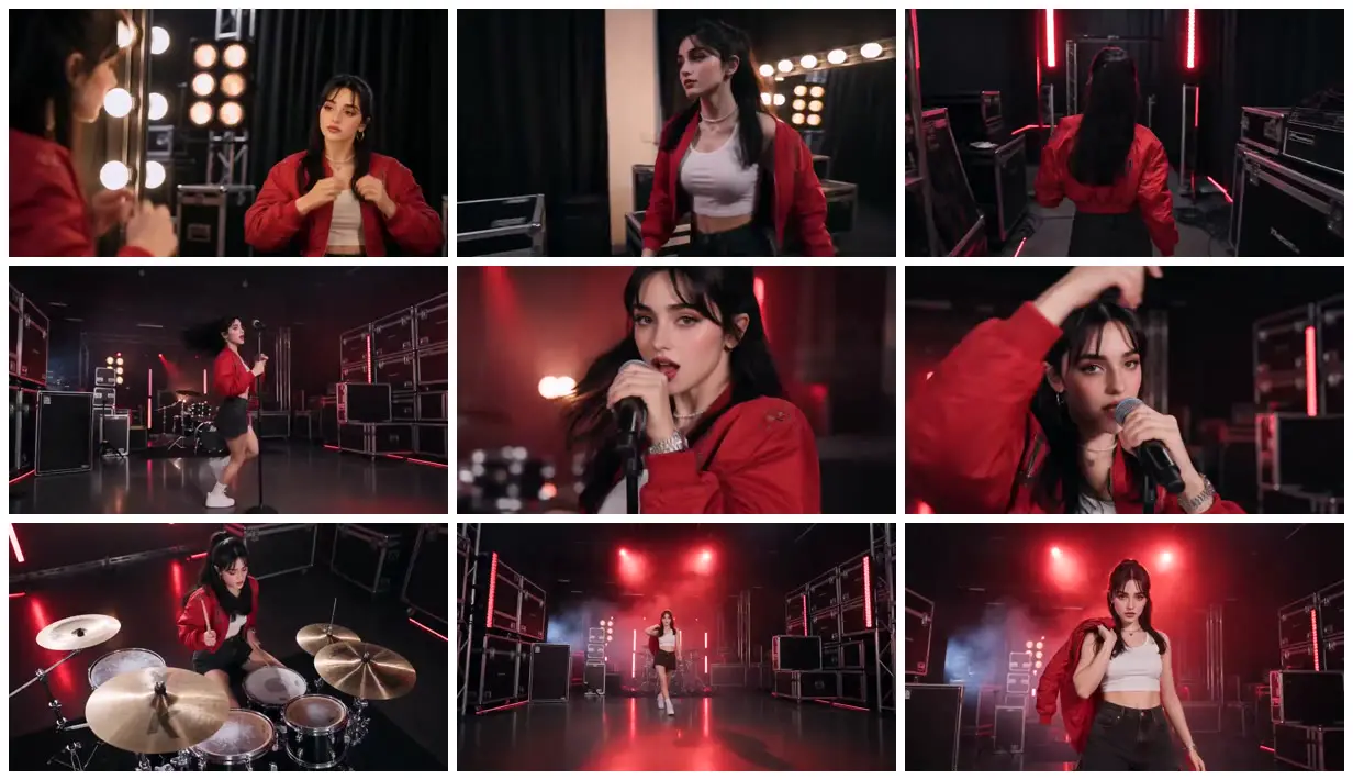 Nine frames from across Red-lit backstage performance