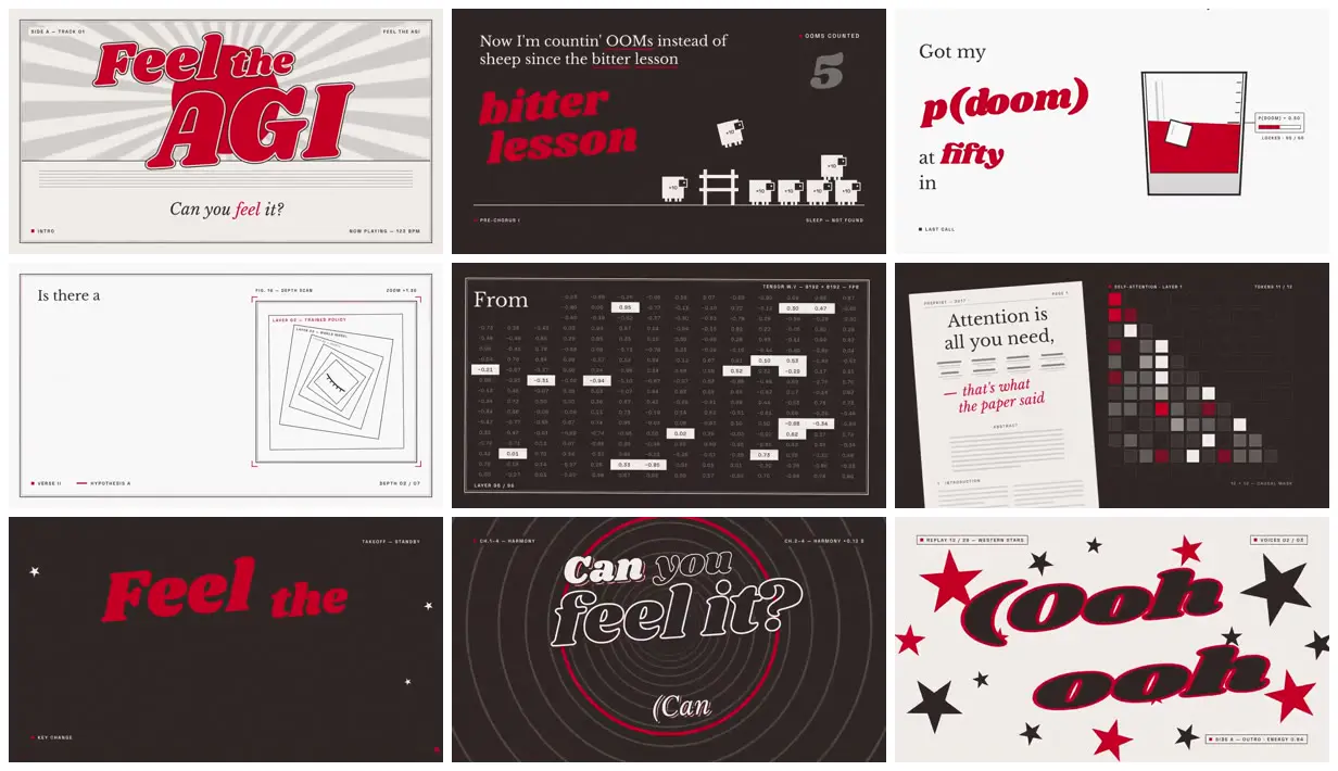 Nine frames from across Red serif lyrics and AI diagrams