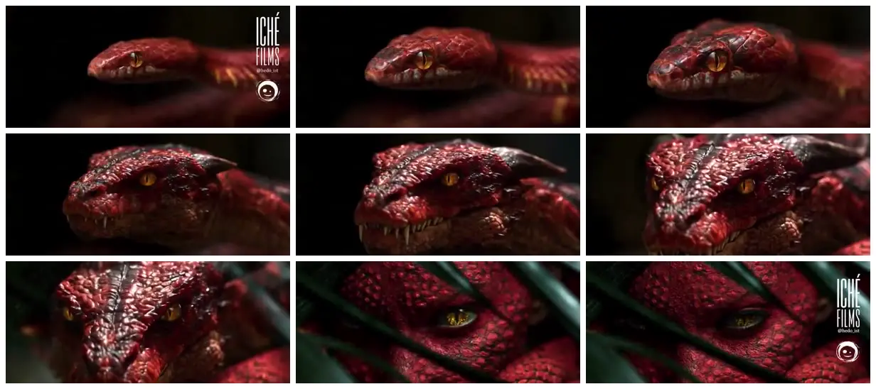 Nine frames from across Red snake and dragon metamorphosis