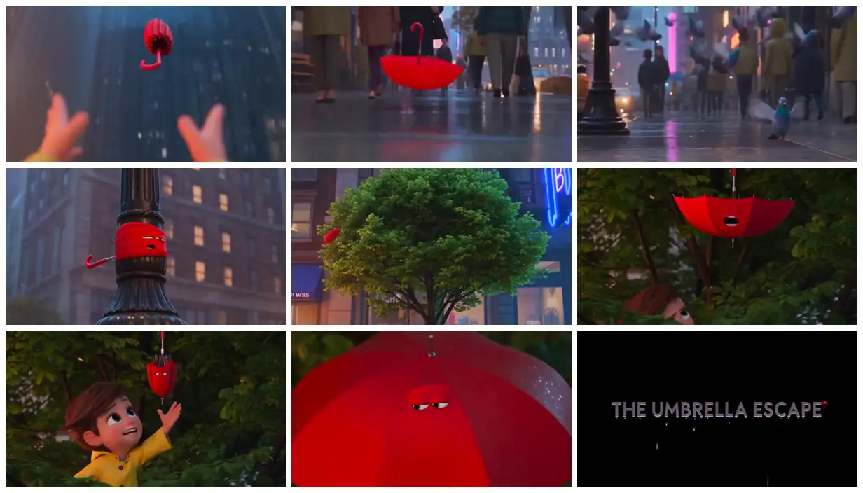 Nine frames from across Red umbrella in a rainy city