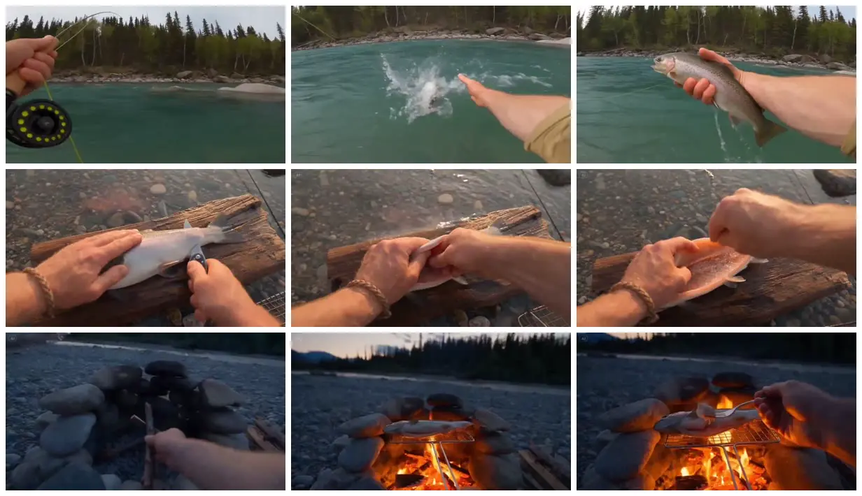 Nine frames from across River trout to campfire meal