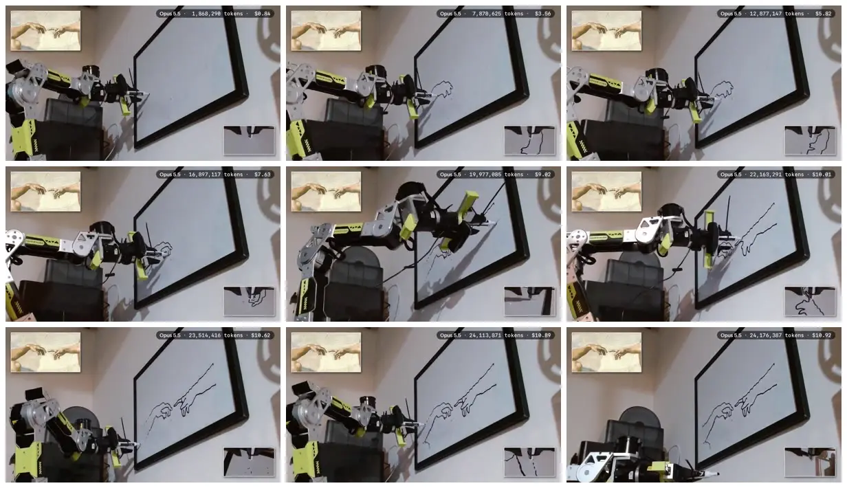 Nine frames from across Robot-drawn reaching hands