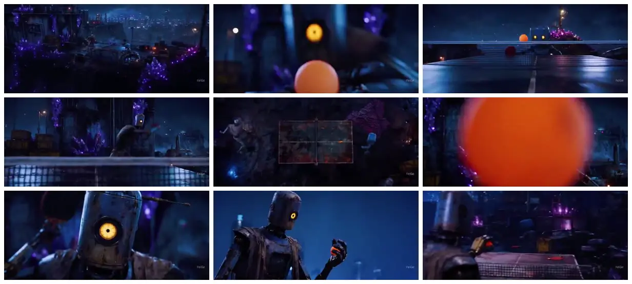 Nine frames from across Robot ping-pong in neon ruins