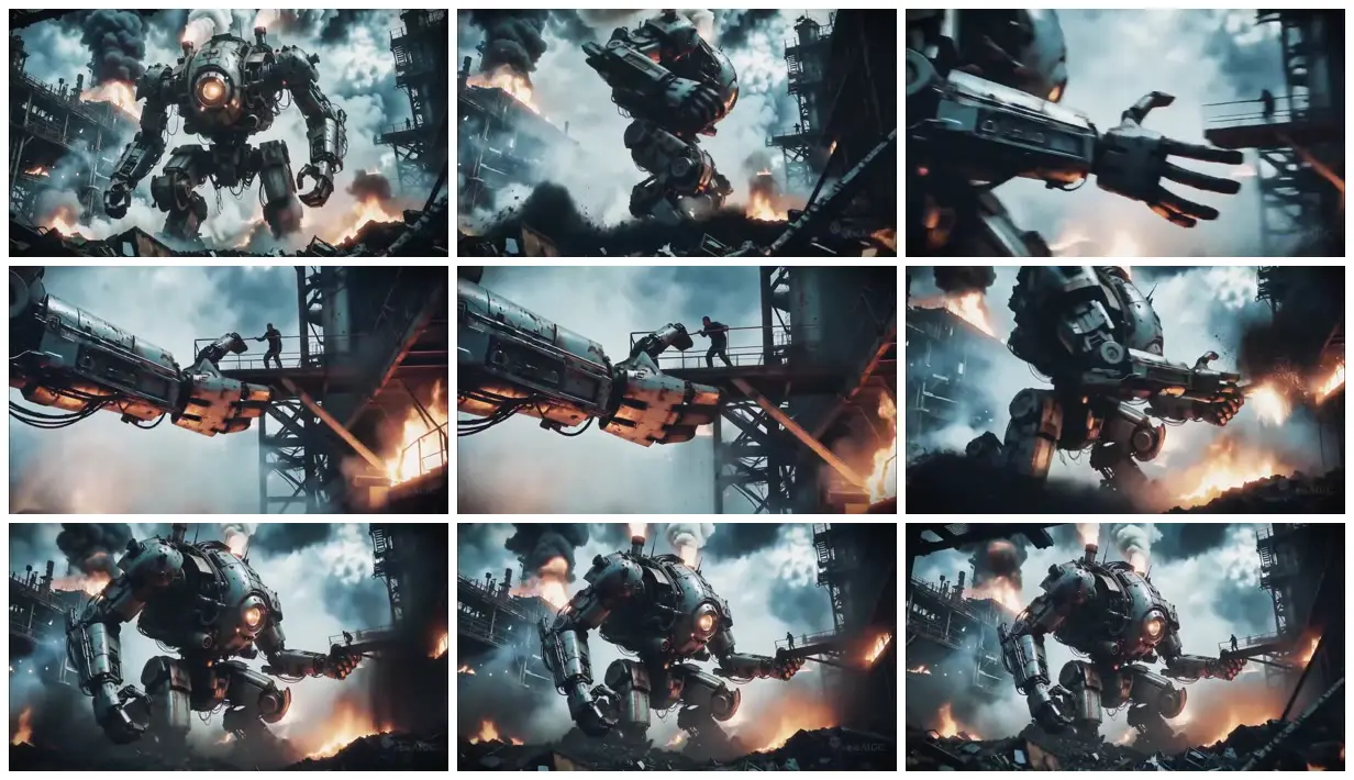 Nine frames from across Robot supports a burning catwalk