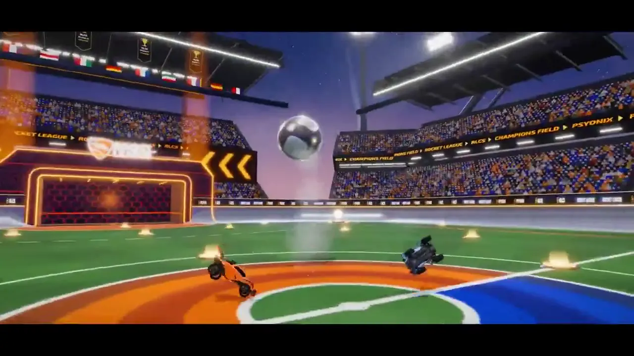 Frame from Rocket cars in a neon stadium