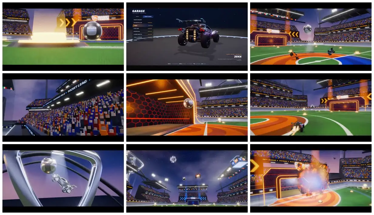 Nine frames from across Rocket cars in a neon stadium