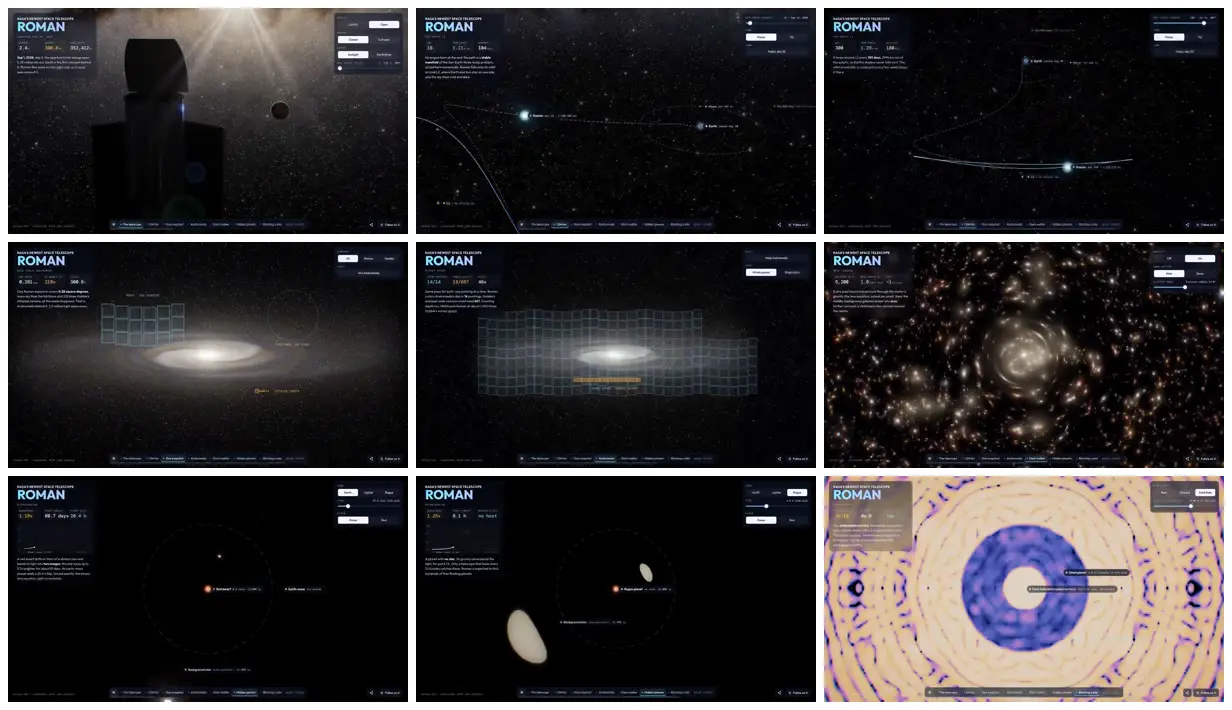 Nine frames from across Roman telescope and cosmic survey maps