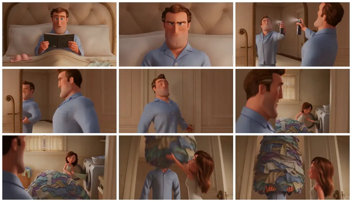Nine frames from across Romantic hopes and a tower of laundry
