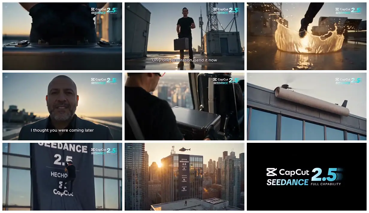 Nine frames from across Rooftop courier and skyscraper banner