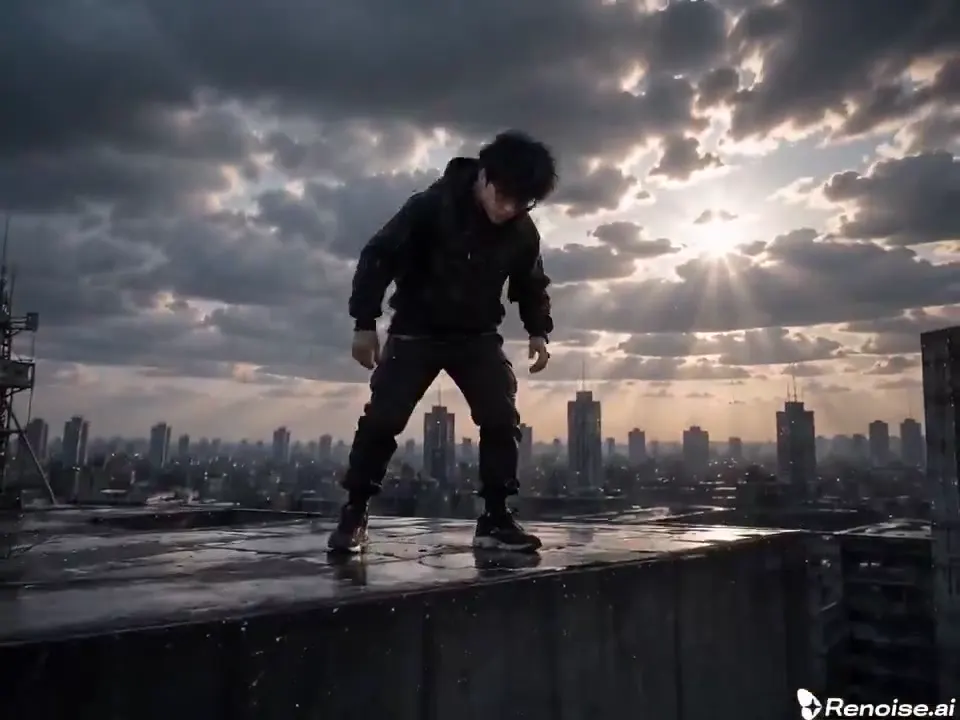 Frame from Rooftop parkour with a neon-green bottle