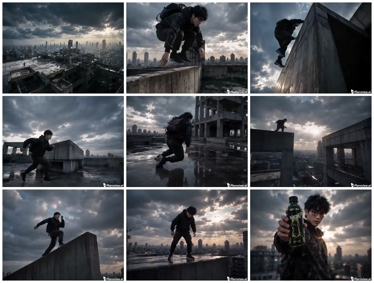 Nine frames from across Rooftop parkour with a neon-green bottle