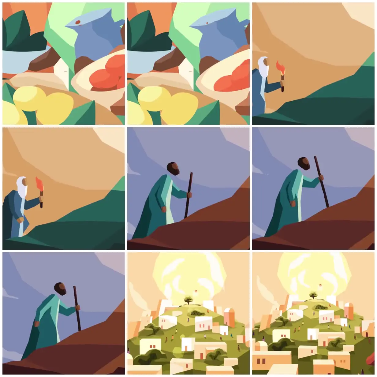Nine frames from across Royal priests in faceted landscapes